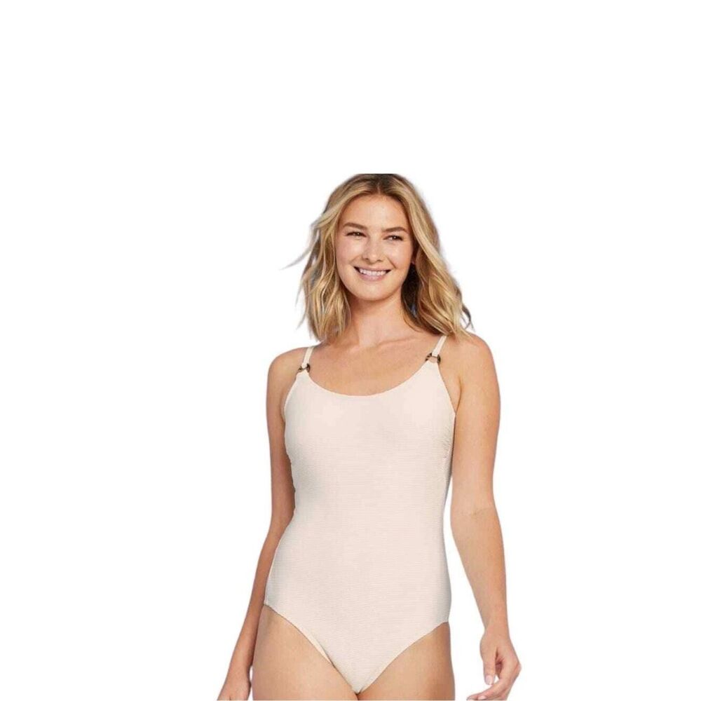 Kona Sol Textured Pique One Piece Swimsuit Cream Criss Cross Tie Back Medium